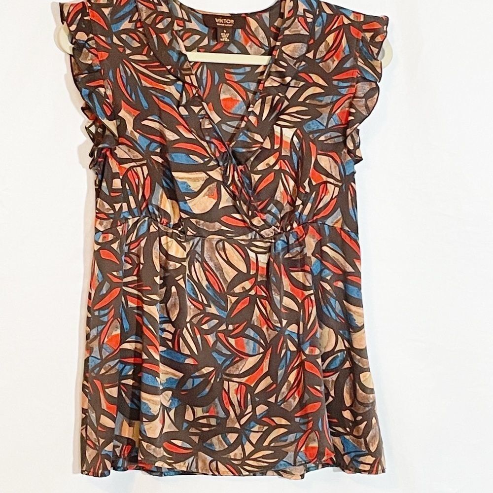 🟢Victor Alfaro 100% Silk Abstract Ruffle Accent Top 8 - Picture 3 of 9